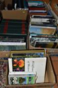 FIVE BOXES OF BOOKS, over eighty hardback and paperback titles to include gardening, travel and
