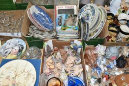 FIVE BOXES AND LOOSE CERAMICS, GLASS, BOOKS AND EPHEMERA, to include an RCR clear and blue crystal