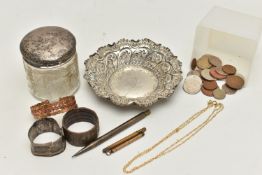 A BOX OF SILVER AND ASSORTED ITEMS, to include a silver lidded glass jar, hallmarked 'Charles May'
