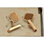 A PAIR OF 9CT GOLD CUFFLINKS, yellow gold rectangular cufflinks, engine turned pattern with cut