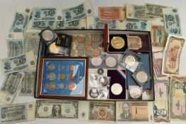 A CARDBOARD TRAY OF MIXED COINS AND BANKNOTES, to include Nicholas II 1897 one Ruble coin .900