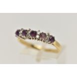 A 18CT GOLD DIAMOND AND AMETHYST RING, five circular cut amethyst stones interspaced with round