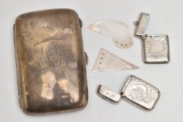 A SILVER CIGARETTE CASE, TWO SILVER VESTA CASES AND TWO BOOK MARKS, polished rounded rectangular