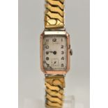 A GENTS 9CT GOLD WRISTWATCH, manual wind, rectangular textured silver dial, Arabic numerals,