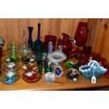 A COLLECTION OF COLOURED AND DECORATIVE GLASS WARES, to include blue Pearline basket, a clear