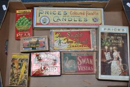 A BOX OF VINTAGE PACKAGING, including Thorn's Peas, Edwards Soup, Tom Smith's Tom Thumb Crackers,