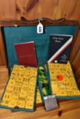 MAH JONG, comprising a 20th century travel set of Mah Jong, appears complete with dice and plastic