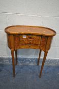 A 20TH CENTURY WALNUT AND MARQUETRY INLAID KIDNEY SIDE TABLE, with a dish top, and three drawers,