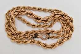 A 9CT GOLD GRADUATED ROPE TWIST CHAIN, fitted with a spring clasp and additional discoloured