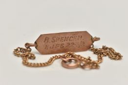 A ROSE METAL BRACELET, a curb link chain fitted with an identification panel, engraved 'B Spencer