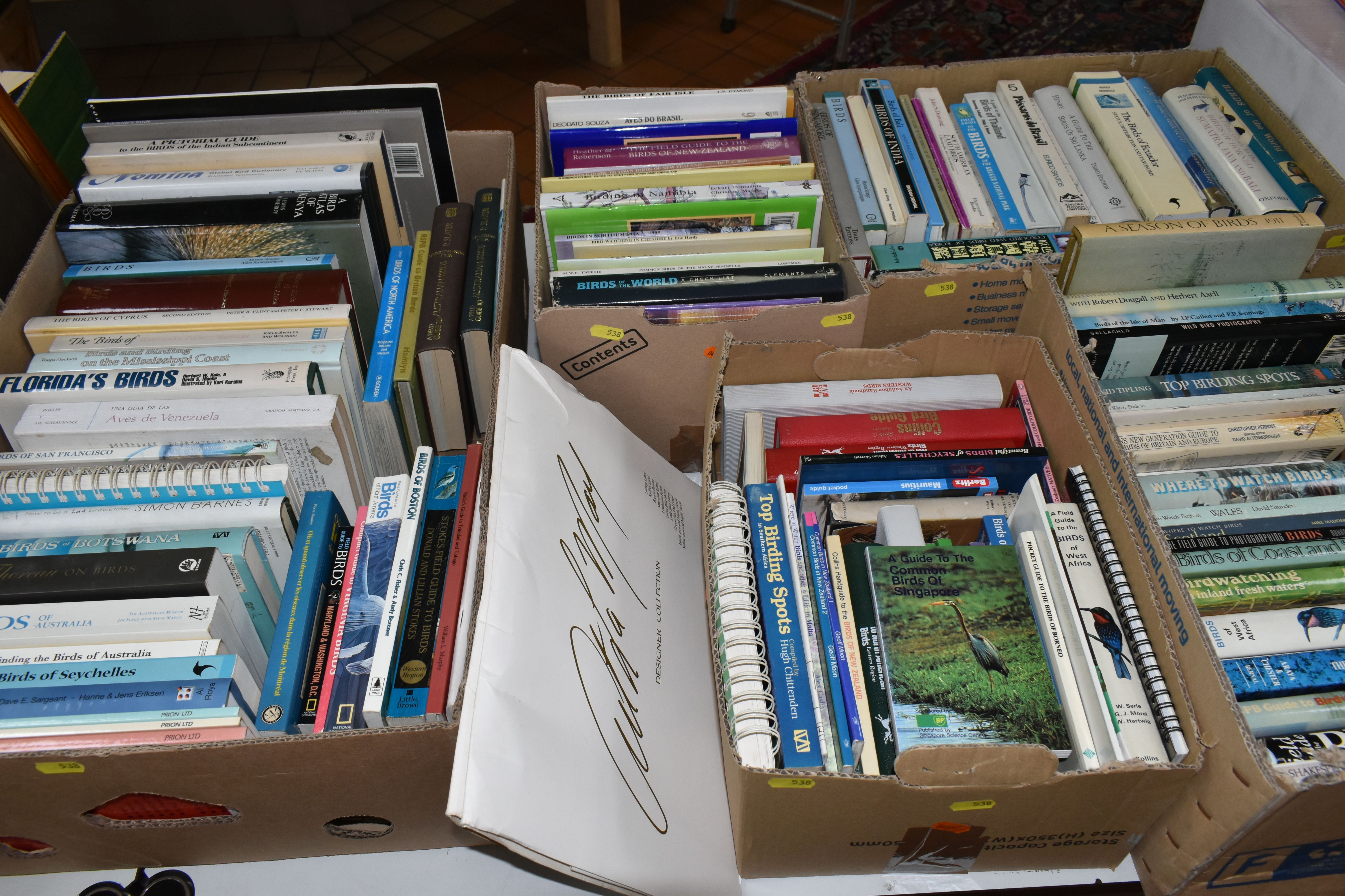 FIVE BOXES OF BOOKS containing approximately 125 titles in hardback and paperback formats on the