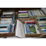 FIVE BOXES OF BOOKS containing approximately 125 titles in hardback and paperback formats on the