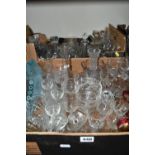 TWO BOXES OF ASSORTED GLASSWARE, to include a blue Whitefriars bubble vase, height 20cm, a George