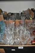 TWO BOXES OF ASSORTED GLASSWARE, to include a blue Whitefriars bubble vase, height 20cm, a George