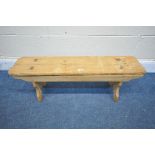A SMALL LOW PINE TRESTLE BENCH, length 93cm (condition report: -water stains, historical woodworm)