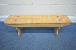 A SMALL LOW PINE TRESTLE BENCH, length 93cm (condition report: -water stains, historical woodworm)