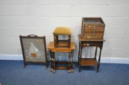 A SELECTION OF OCCASIONAL FURNITURE, to include an oak side table, with a single drawer, a nest of