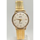 A GENTS 9CT GOLD 'ASTRAL' WRISTWATCH, manual wind (missing crown), round silver dial signed 'Astral,