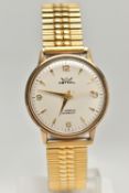 A GENTS 9CT GOLD 'ASTRAL' WRISTWATCH, manual wind (missing crown), round silver dial signed 'Astral,
