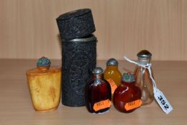 A 19TH CENTURY CHINESE CANTON CARVED TORTOISESHELL OVAL ETUI CASE (INCOMPLETE) AND FIVE MODERN GLASS