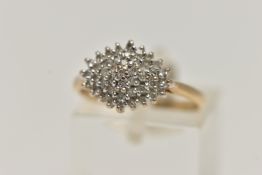 A 9CT GOLD DIAMOND CLUSTER RING, designed as single cut diamonds in a tiered cluster, approximate