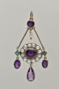 AN AMETHYST, EMERALD AND SPLIT PEARL PENDANT, designed as a central oval amethyst within a split