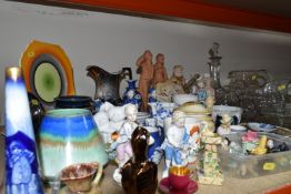 A COLLECTION OF GLASSWARE AND CERAMIC ORNAMENTS, comprising two small clay/terracotta oil lamps, one