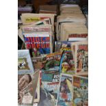 FOUR BOXES OF COMICS, MAGAZINES AND BOOKS, including 'Bullet' (incomplete run between no's 8 and