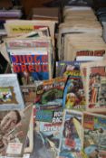 FOUR BOXES OF COMICS, MAGAZINES AND BOOKS, including 'Bullet' (incomplete run between no's 8 and