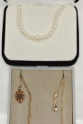 TWO 9CT GOLD GEM SET PENDANT NECKLACES AND A BOXED CULTURED FRESH WATER PEARL NECKLACE, the first