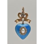 AN EARLY VICTORIAN GOLD ENAMEL, DIAMOND AND PEARL PENDANT, the blue guilloche enamel heart pendant