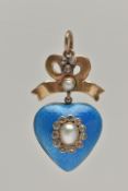 AN EARLY VICTORIAN GOLD ENAMEL, DIAMOND AND PEARL PENDANT, the blue guilloche enamel heart pendant