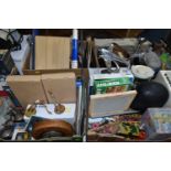 FOUR BOXES AND LOOSE BOARD GAMES, ART MATERIALS, HOUSEHOLD SUNDRIES, ETC, including four Taylor