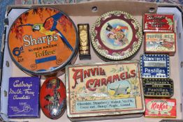 A BOX OF VINTAGE SWEET AND TOFFEE TINS, including early Cadbury's Milk Tray box, Anvil Caramel