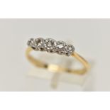 AN 18CT GOLD FIVE STONE DIAMOND RING, five single cut diamonds, illusion set in white metal, leading