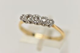 AN 18CT GOLD FIVE STONE DIAMOND RING, five single cut diamonds, illusion set in white metal, leading