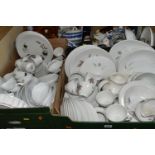 FOUR BOXES OF CERAMIC DINNER WARES, to include a forty six piece Royal Doulton Tumbling Leaves