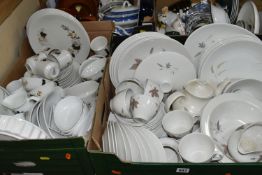 FOUR BOXES OF CERAMIC DINNER WARES, to include a forty six piece Royal Doulton Tumbling Leaves