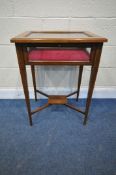 A 20TH CENTURY MAHOGANY BIJOUTERIE TABLE, with a hinged lid, square tapered legs, united by an