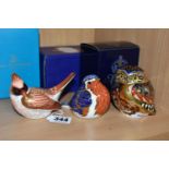 THREE BOXED ROYAL CROWN DERBY BIRD PAPERWEIGHTS, comprising 'Little Owl' with a gold stopper, date