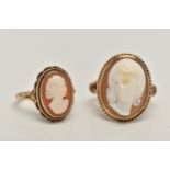 TWO CAMEO RINGS, the first of an oval form, high relief shell cameo depicting a lady in profile,