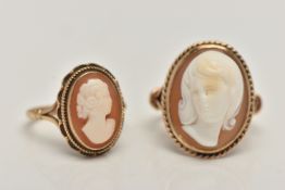 TWO CAMEO RINGS, the first of an oval form, high relief shell cameo depicting a lady in profile,