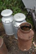 THREE GALVANISED MILK CHURNS, height 74cm (condition - one well rusted and missing lid) (3)