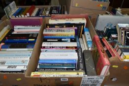 SIX BOXES OF BOOKS, approximately one hundred and fifty hardback and paperback titles to include