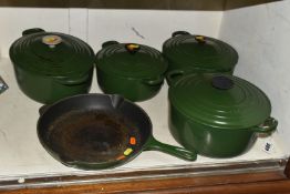 FIVE PIECES OF LE CREUSET CAST IRON COOKWARE, exteriors in British Racing Green, comprising three