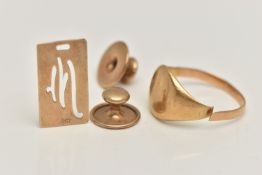 A SIGNET RING, PENDANT AND TWO DRESS STUDS, AF yellow metal signet ring, worn engraving to the