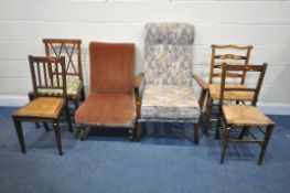 A SELECTION OF VARIOUS CHAIRS, to include a late 19th/early 20th century chair, on turned front legs