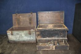 TWO VINTAGE WOODEN TOOLBOXES containing tools including Britool and other spanners, hacksaws,