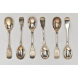 SIX FIDDLE PATTERN TEA SPOONS, each engraved with initials to the terminal, Sponsors mark on four '