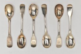 SIX FIDDLE PATTERN TEA SPOONS, each engraved with initials to the terminal, Sponsors mark on four '